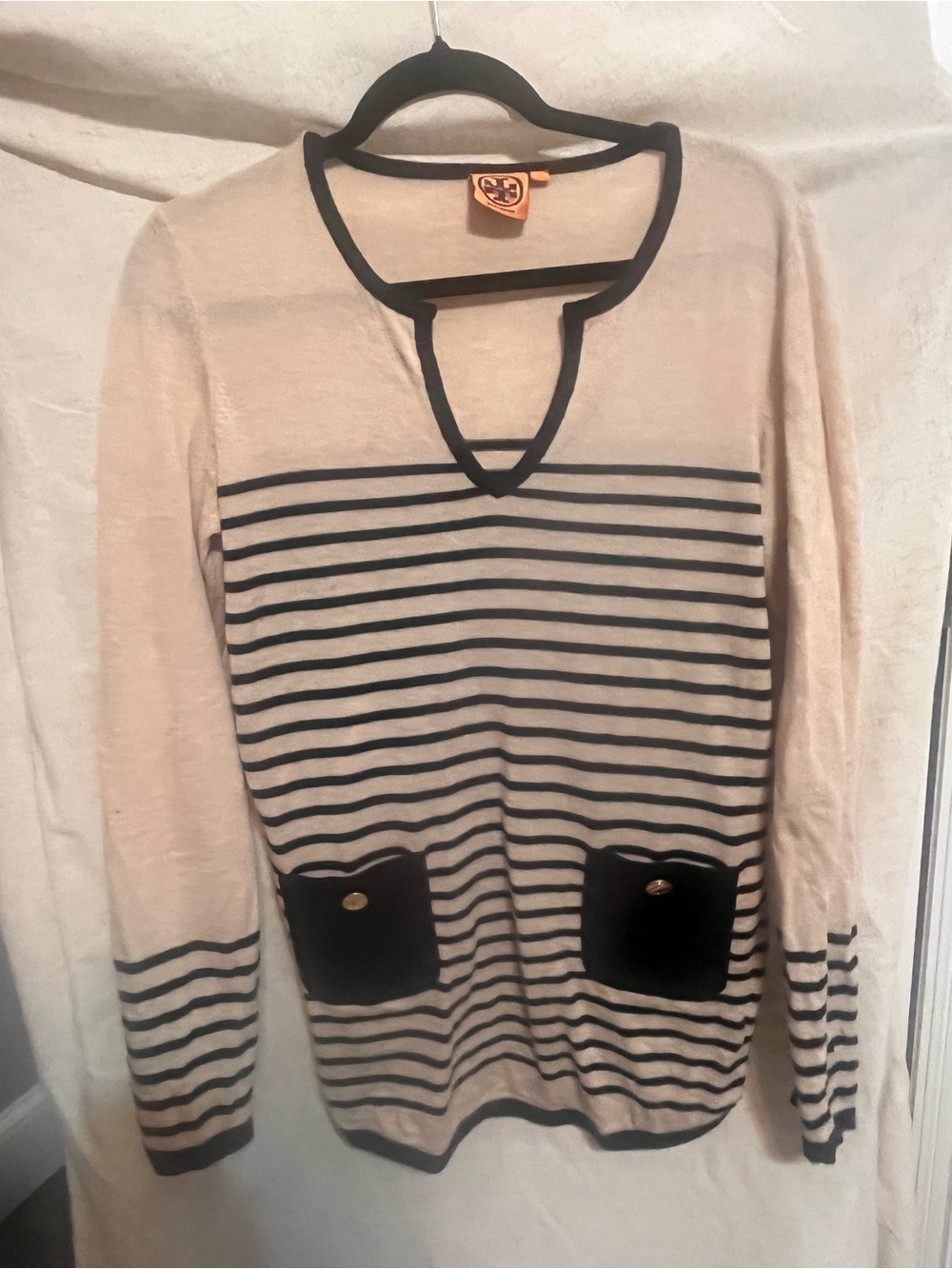 Tory Burch Cream and Black Striped V-Neck Sweater with Pocket Detail ** flaw**